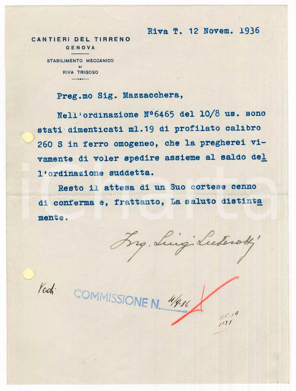 Manoscritto, lettera originale 1936 RIVA TRIGOSO Cantieri del Tirreno  Lettera ing. Luigi LUTEROTTI Autografo 1