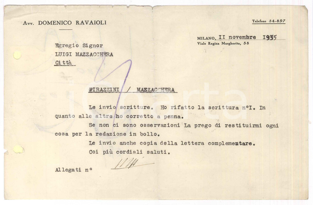 Manoscritto, lettera originale 1935 MILANO Lettera avv. Domenico RAVAIOLI per invio scritture  Autografo 1
