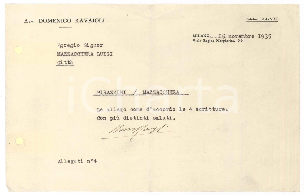 Manoscritto, lettera originale 1935 MILANO Lettera avv. Domenico RAVAIOLI per invio scritture Autografo 1