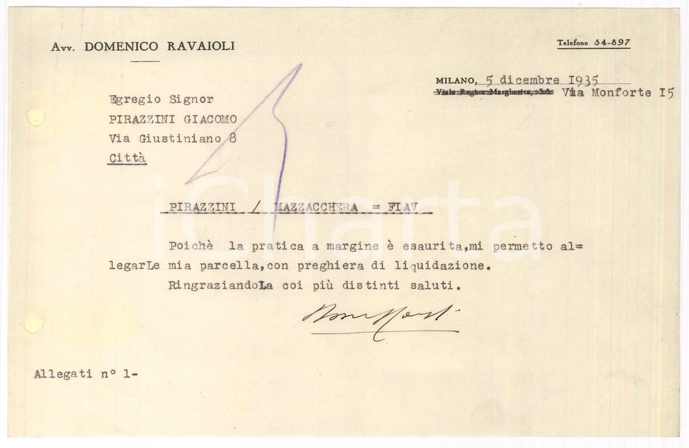 Manoscritto, lettera originale 1935 MILANO Lettera avv. Domenico RAVAIOLI per saldo pratica Autografo 1
