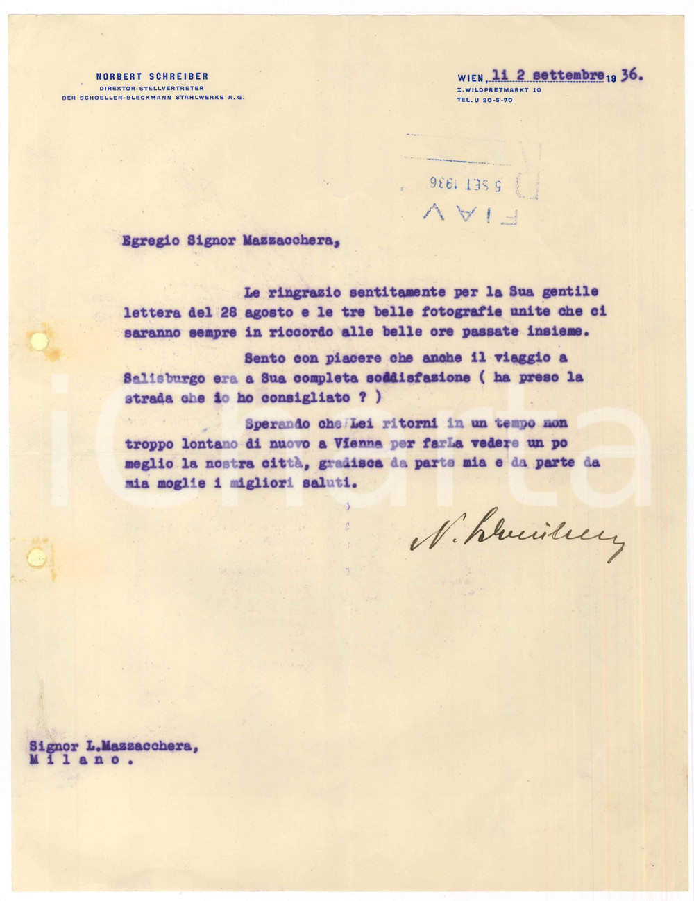 Autografo originale 1936 WIEN Lettera Norbert SCHREIBER Direktor SCHOELLER Stahlwerke Autografo 1