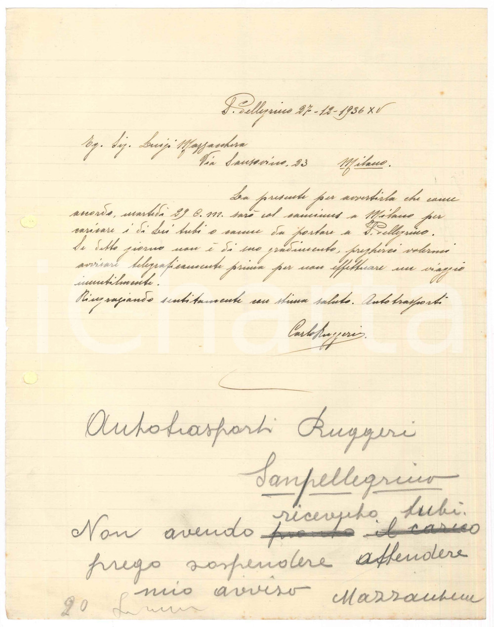 1936 S. PELLEGRINO Lettera Carlo RUGGIERI autotrasporti per lavoro a Milano