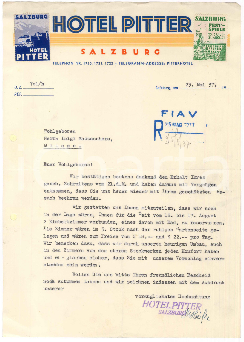 Manoscritto, lettera originale 1937 SALZBURG AUSTRIA Hotel PITTER  Lettera per prenotazione stanze 1