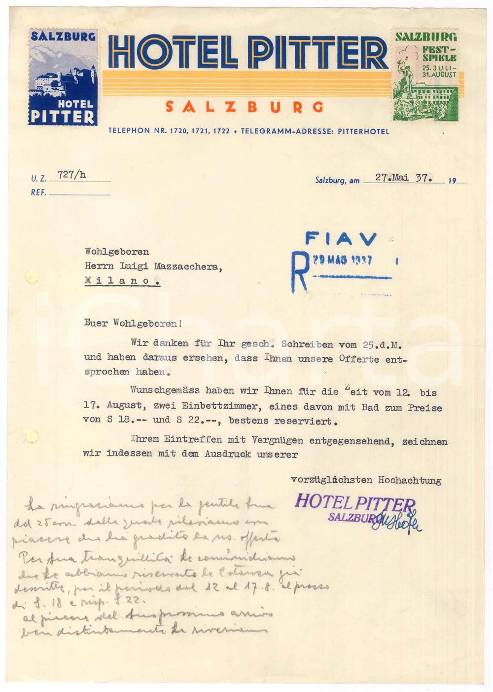 Manoscritto, lettera originale 1937 SALZBURG AUSTRIA Hotel PITTER  Lettera per prenotazione 1