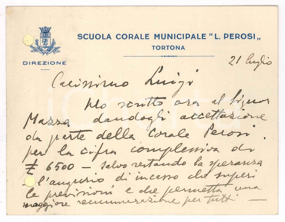 Autografo originale 1937 TORTONA Scuola Corale L. Perosi  Biglietto Fidelio FINZI Autografo 1