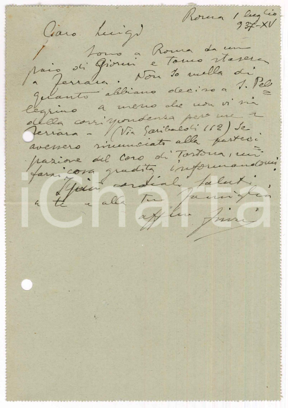 Autografo originale 1937 ROMA Lettera Fidelio FINZI su concerto a San Pellegrino Autografo 1