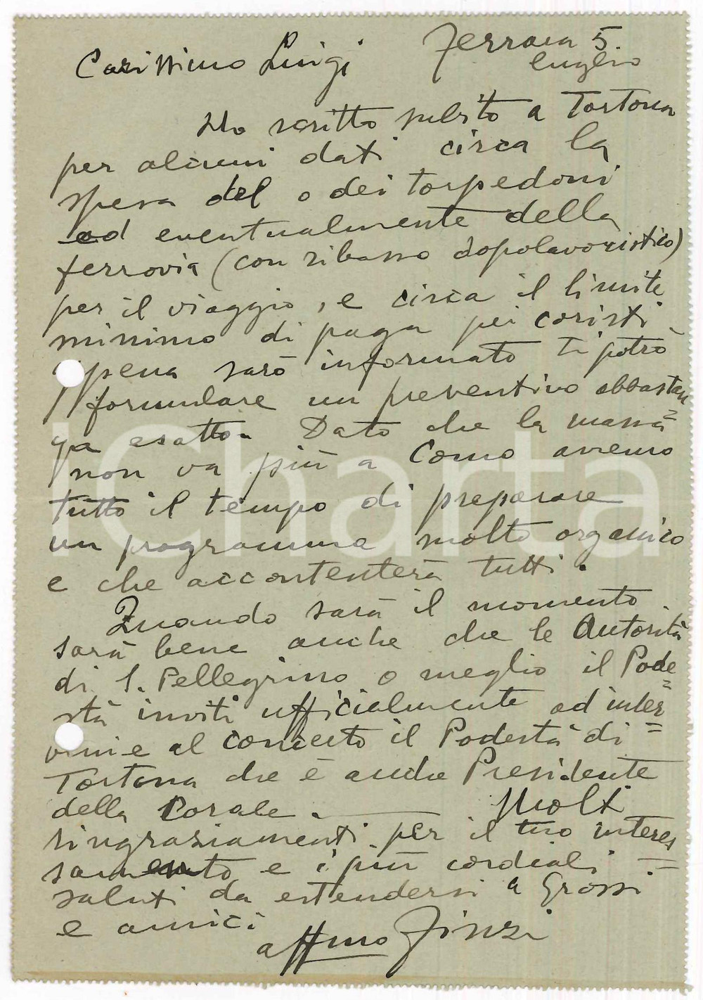 Autografo originale 1937 FERRARA Lettera Fidelio FINZI per concerto a San Pellegrino Autografo 1