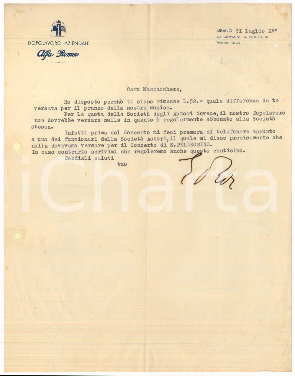 Manoscritto, lettera originale 1937 MILANO  ALFA ROMEO Dopolavoro Aziendale   Lettera per concerto 1