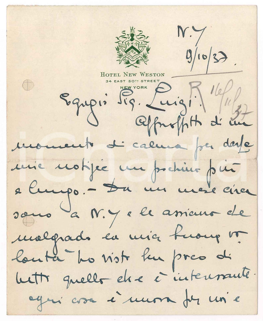 Manoscritto, lettera originale 1937 NEW YORK Lettera Aldo MARTINELLI dipendente IBM Tutto Ã¨ nuovo per noi 1