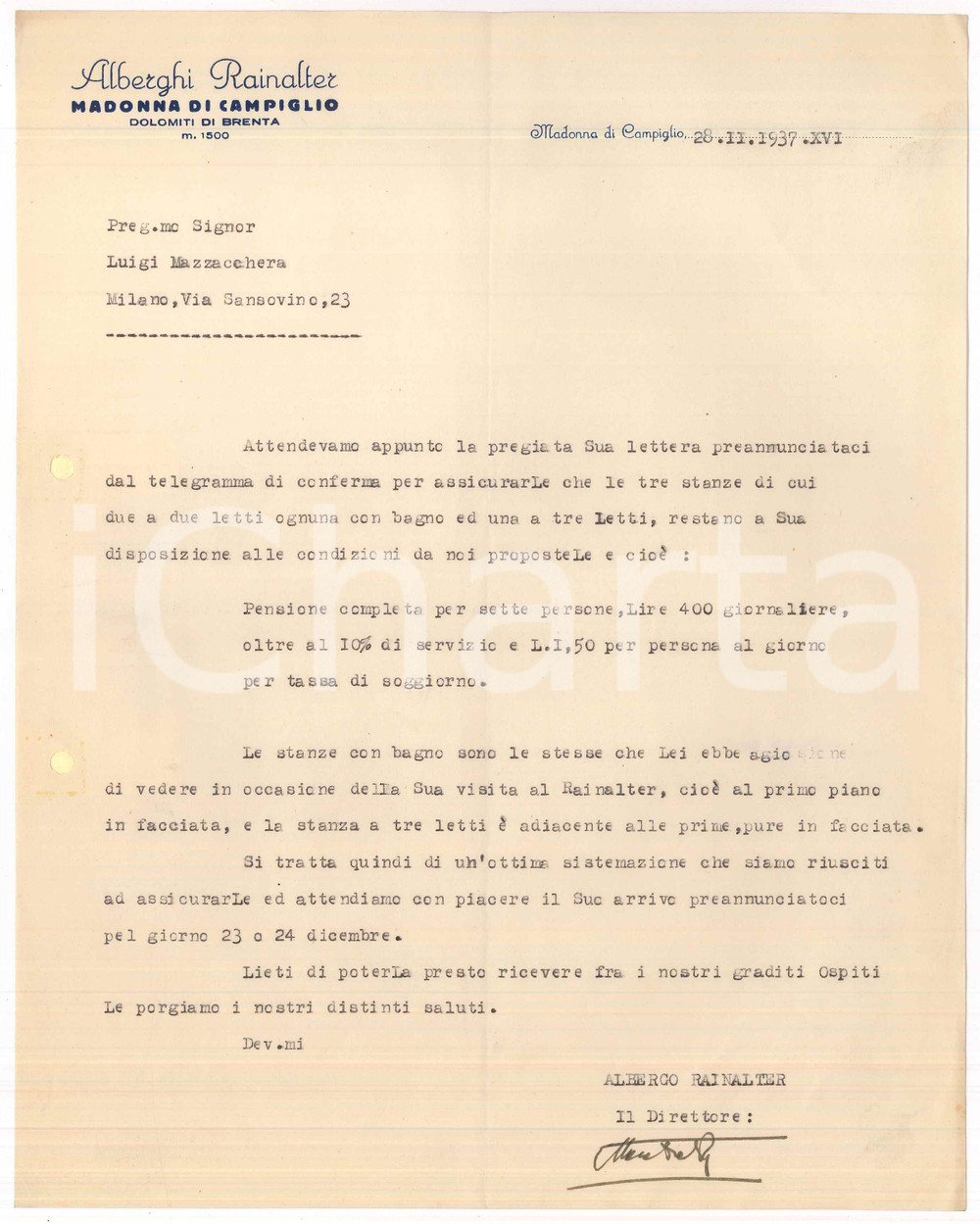 1937 MADONNA DI CAMPIGLIO Alberghi RAINALTER - Lettera per prenotazione