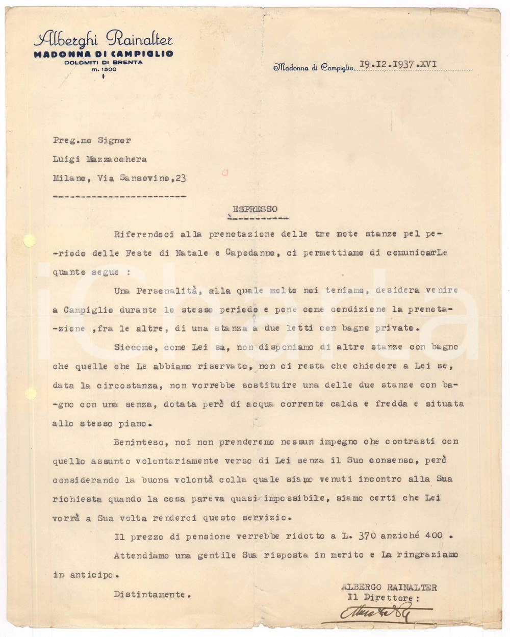 Manoscritto, lettera originale 1937 MADONNA DI CAMPIGLIO TN Alberghi RAINALTER  Lettera per prenotazione 1