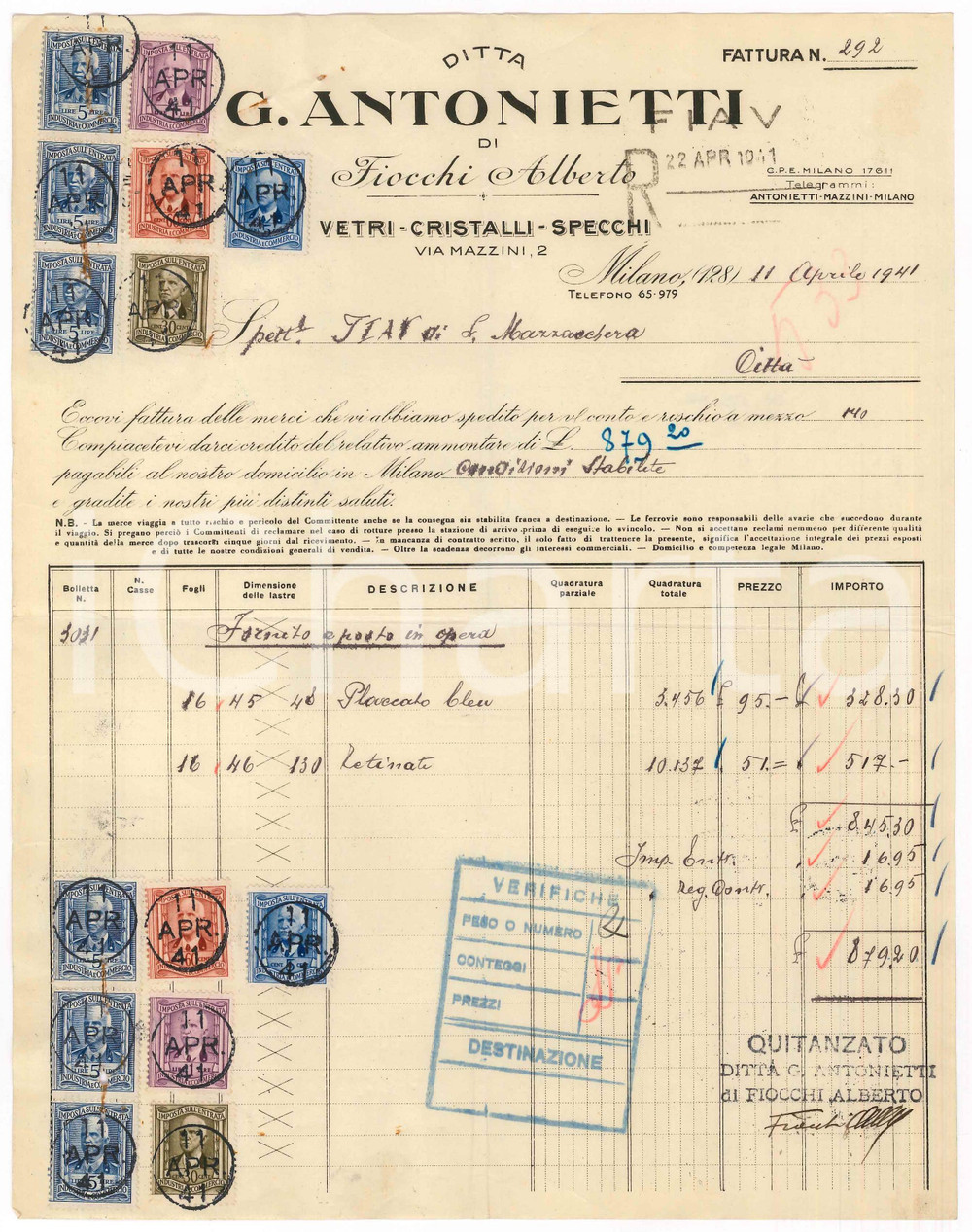 1941 MILANO Via Mazzini - Ditta G. ANTONIETTI di Alberto FIOCCHI Vetri *Fattura Fattura originale d'epoca.  CONDIZIONI:FAIR/discreto Piegature d'epoca, gualciture diffuse, forellini al margine superioreFORMATO: 22x28 cm originale e autentica 1