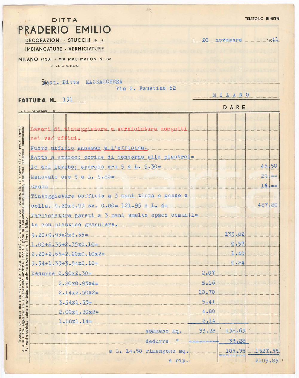 Documento originale, autentico 1941 MILANO Via Mac Mahon  Ditta Emilio PRADERIO Fattura per ditta MAZZACCHERA 1