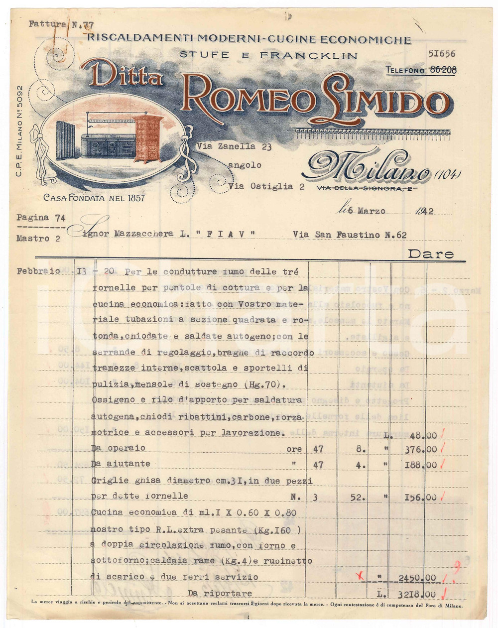 Documento originale, autentico 1942 MILANO Via Ostiglia 2  Ditta Romeo LIMIDO Cucine economiche  Fattura 1