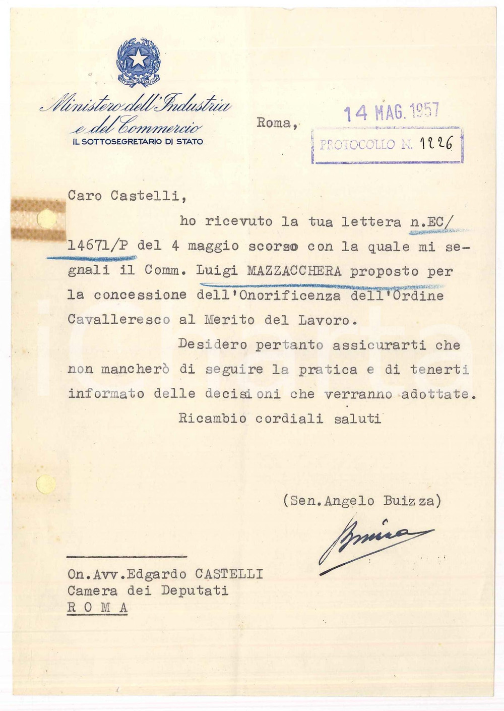 Autografo originale 1957 ROMA Lettera sen. Angelo BUIZZA per concessione onorificenza Autografo 1