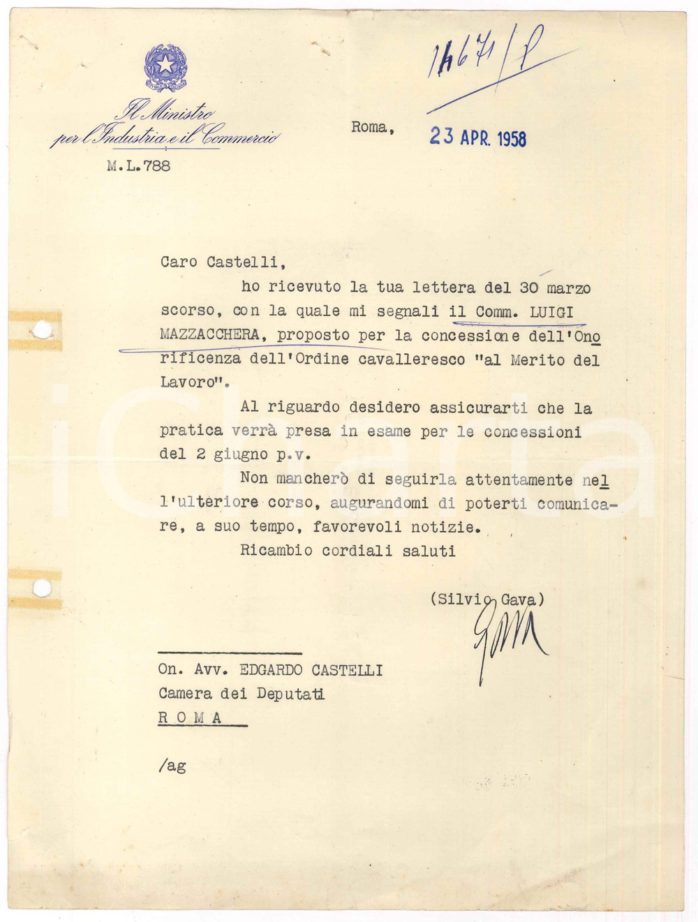 Autografo originale 1958 ROMA Lettera ministro Silvio GAVA per concessione onorificenza Autografo 1