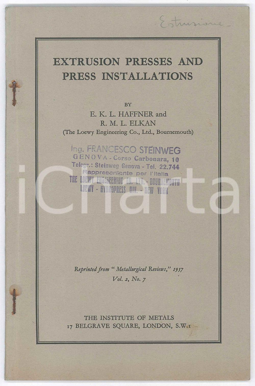 Libro, pubblicazione d epoca 1957 E.K.L. HAFFNER  R.M.L.ELKAN Extrusion presses and press installations 1