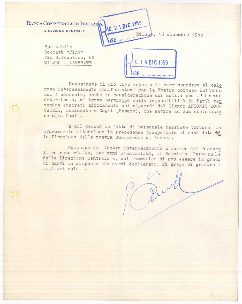 Autografo originale 1959 MILANO Banca Commerciale Italiana  Lettera Giuseppe BEVILACQUA Autografo 1