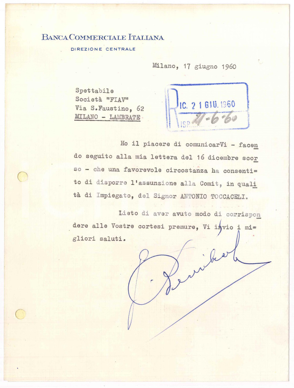 1960 MILANO Banca Commerciale Italiana - Lettera Giuseppe BEVILACQUA Autografo