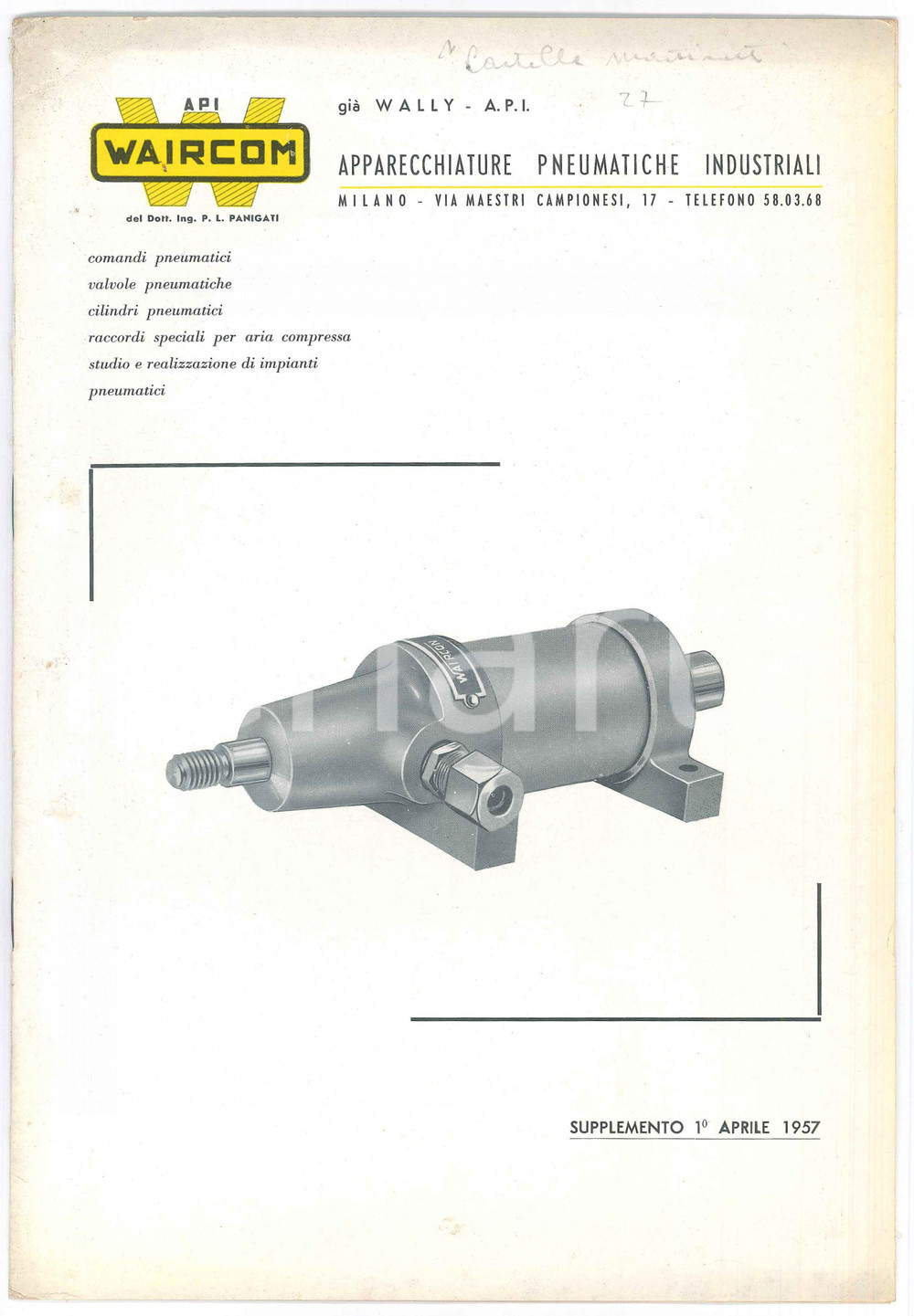 Materiale pubblicitario d’epoca 1957 MILANO  WAIRCOM Apparecchiature pneumatici industriali Catalogo 1