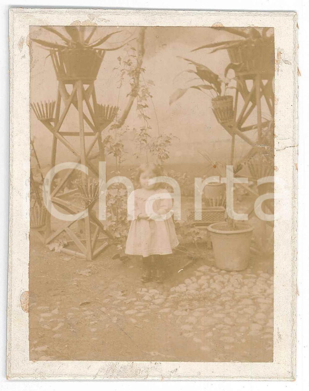 Fotografia d epoca originale 1900 ca ITALIA Bambina in un giardino con vasi  Fotografia anonima 10x12 cm 1