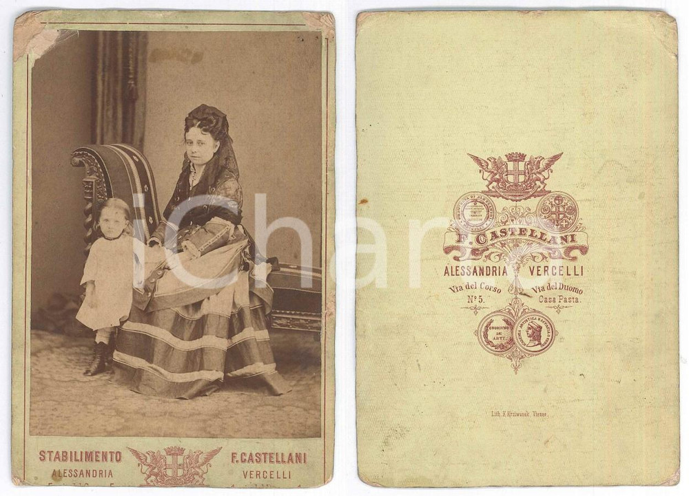 Fotografia d epoca originale 1880 ca NOBILTA   PIEMONTE  Ritratto di madre e figlia Foto F. CASTELLANI 1