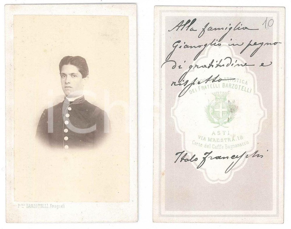 Fotografia d epoca originale 1875 ca ASTI Ritratto di Italo FRANCESCHI in  divisa Foto BARZOTELLI CDV 1