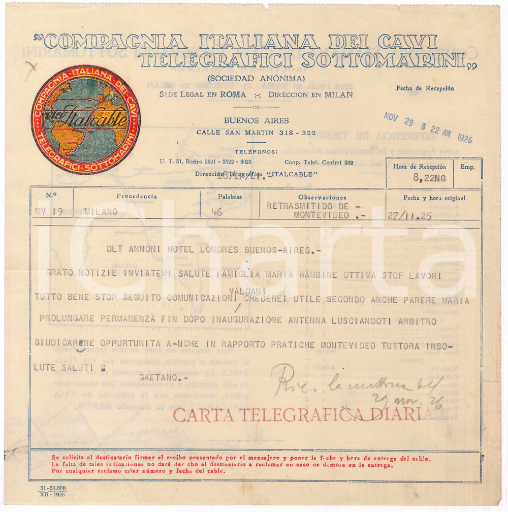 Documento originale, autentico 1925 BUENOS AIRES Compagnia Cavi Telegrafici  Telegramma Gaetano MORETTI 1
