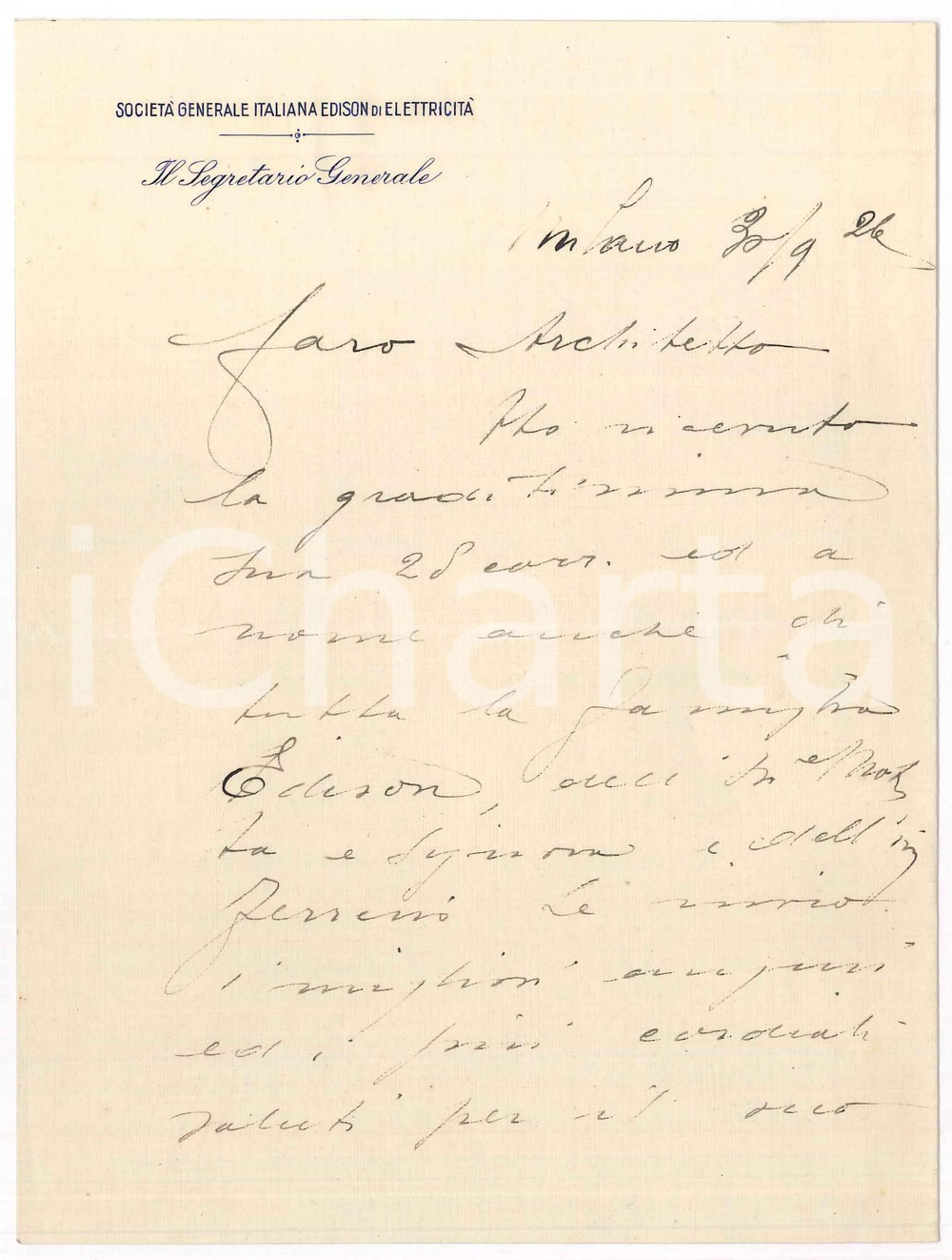Manoscritto, lettera originale 1926 MILANO SocietÃ  Generale EDISON ElettricitÃ   Lettera Segretario Generale 1