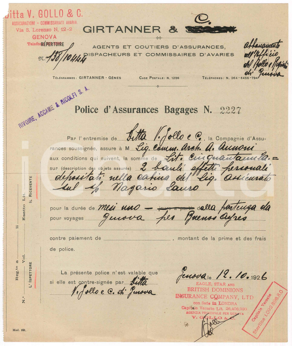 Documento originale, autentico 1926 GENOVA Ditta V. GOLLO / GIRTANNER  Polizza bagagli nave Nazario Sauro 1