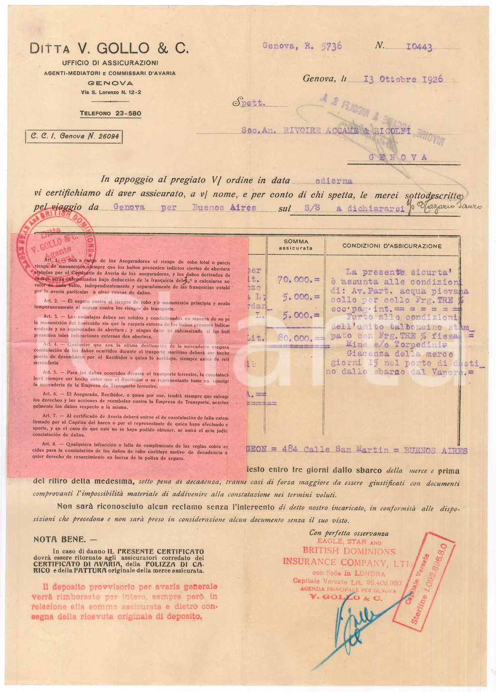 Documento originale, autentico 1926 GENOVA Ditta V. GOLLO   Assicurazione merci per viaggio a Buenos Aires 1