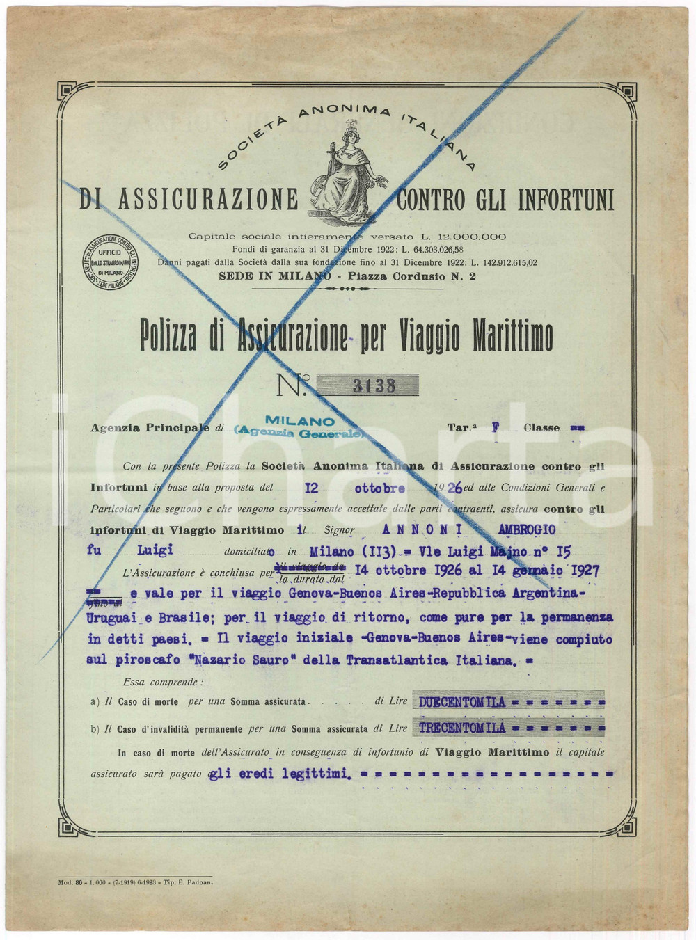 Documento originale, autentico 1926 MILANO  SAI Assicurazione  Polizza di viaggio arch. Ambrogio ANNONI 1