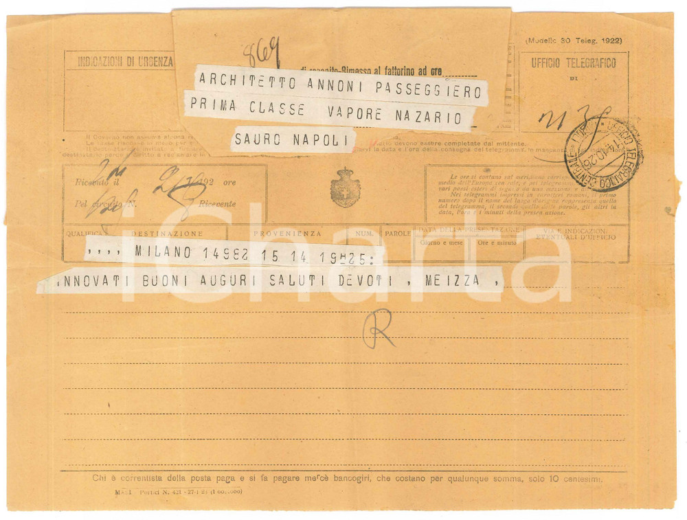 Documento originale, autentico 1926 MILANO Telegramma Enrico MEIZZA ad Ambrogio ANNONI in viaggio 1