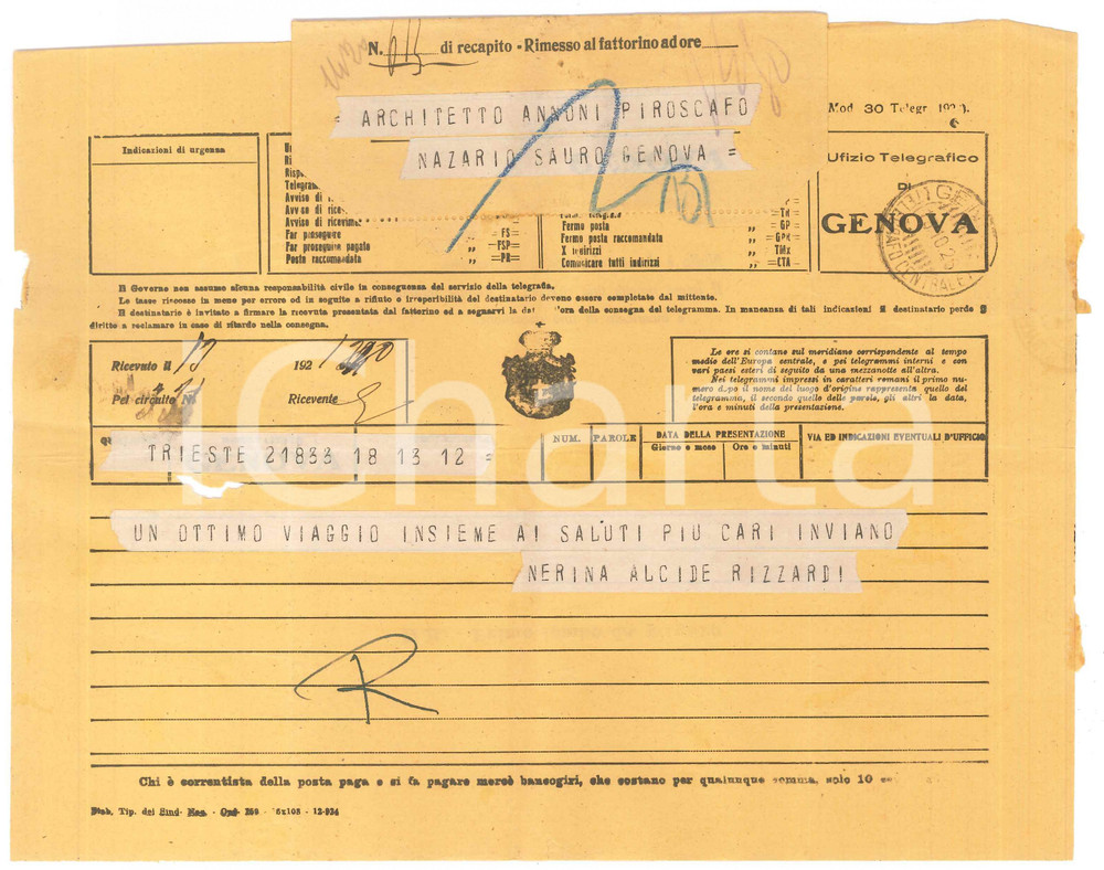 Documento originale, autentico 1926 TRIESTE Telegramma Alcide RIZZARDI ad Ambrogio ANNONI in viaggio 1