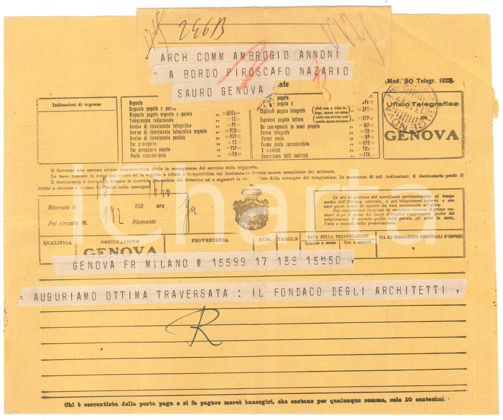 Documento originale, autentico 1926 MILANO Telegramma Fondaco degli Architetti ad Ambrogio ANNONI in viaggio 1