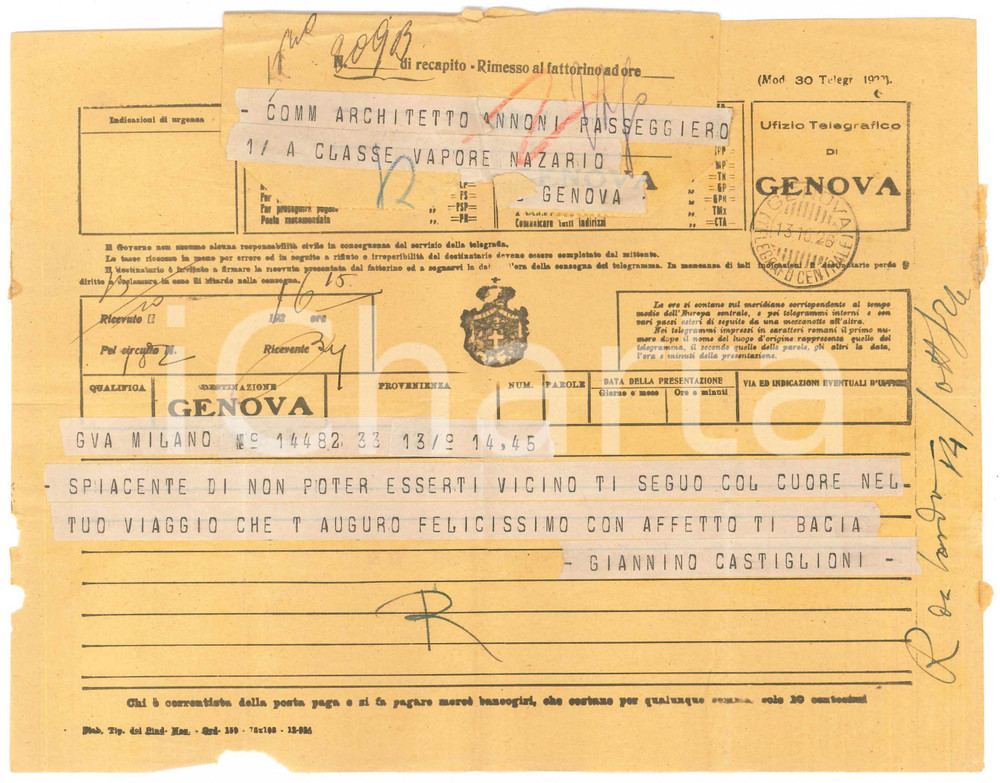 Documento originale, autentico 1926 MILANO Telegramma Giannino CASTIGLIONI ad Ambrogio ANNONI in viaggio 1