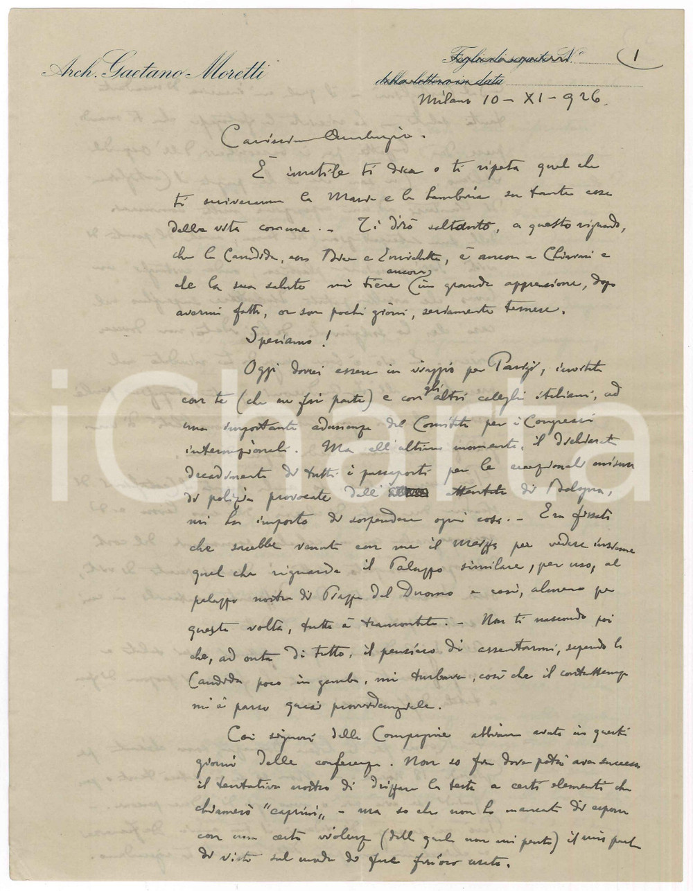 Autografo originale 1926 MILANO Gaetano MORETTI su progetto con Giannino CASTIGLIONI Autografo 1