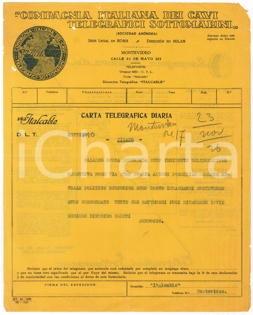 Documento originale, autentico 1926 MONTEVIDEO URUGUAY Telegramma Ambrogio ANNONI per rientro in Italia 1
