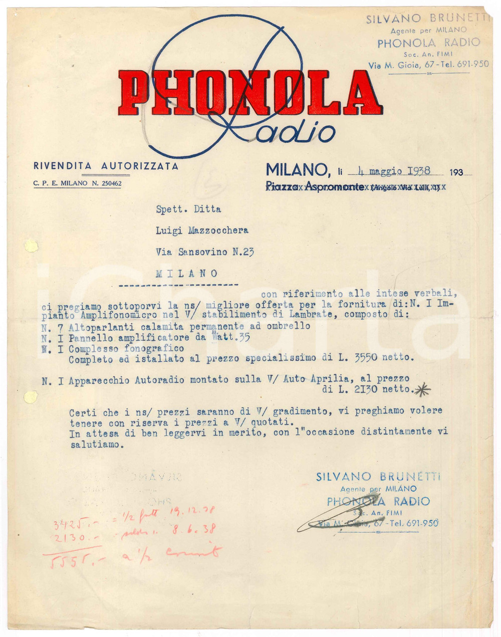 Manoscritto, lettera originale 1938 MILANO  Silvano BRUNETTI Agente PHONOLA RADIO  Lettera commerciale 1