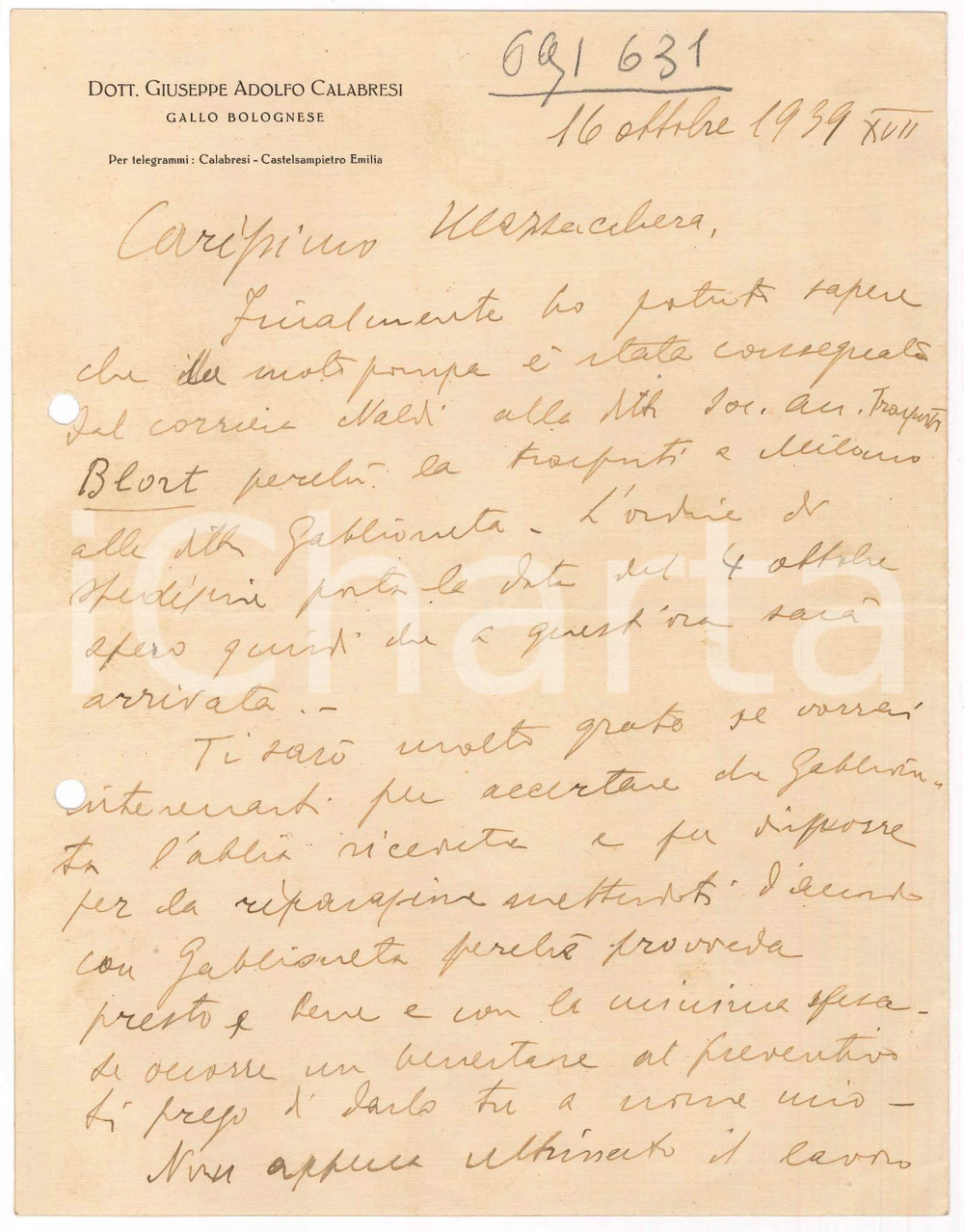 Manoscritto, lettera originale 1939 GALLO BOLOGNESE Dott. Adolfo CALABRESI  Lettera per motopompa Autografo 1