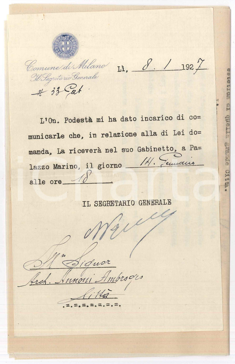 Autografo originale 1927 MILANO Arch. Ambrogio ANNONI chiede udienza al podestÃ  Autografo 1