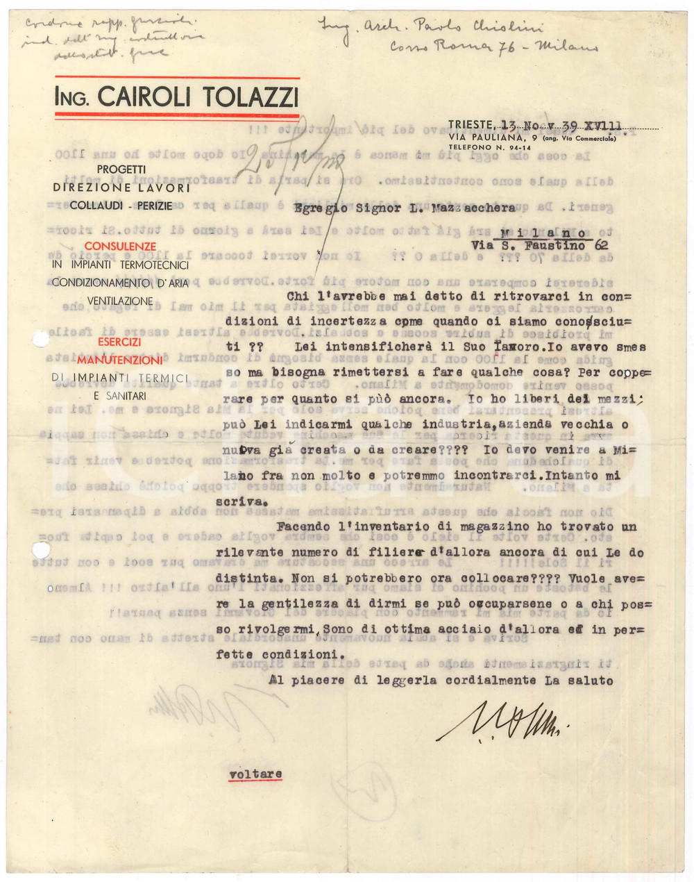 Manoscritto, lettera originale 1939 TRIESTE Ing. Carlo TOLAZZI  Consulenze impianti  Lettera commerciale 1