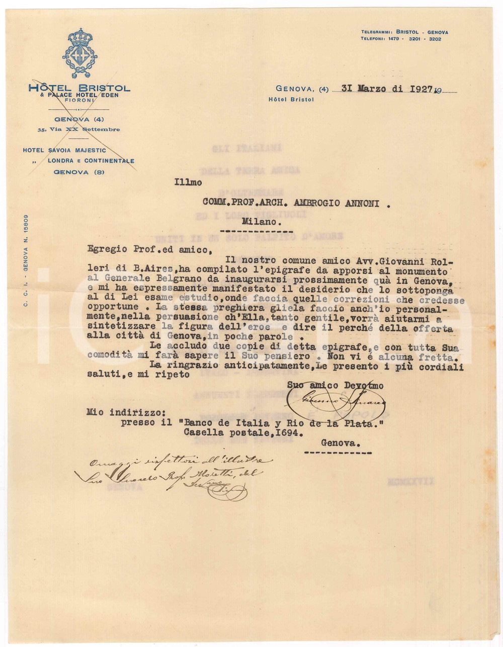 Autografo originale 1927 GENOVA Giacomo PINASCO su epigrafe monumento gen. Belgrano  AUTOGRAFO 1