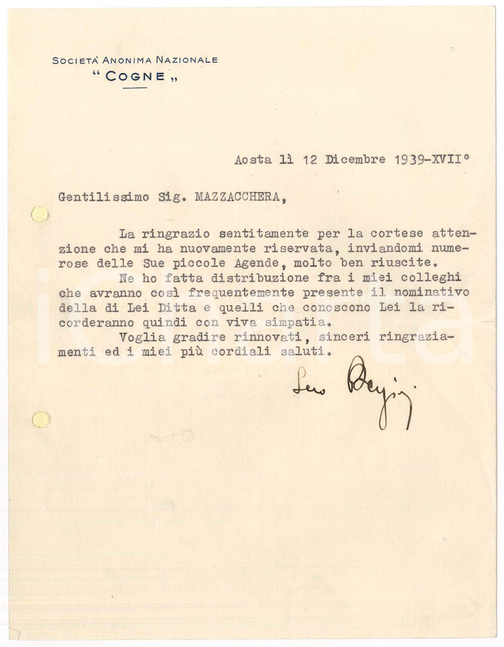 Autografo originale 1939 AOSTA Lettera ing. Luigi BERZIERI  SocietÃ  Nazionale COGNE Autografo 1