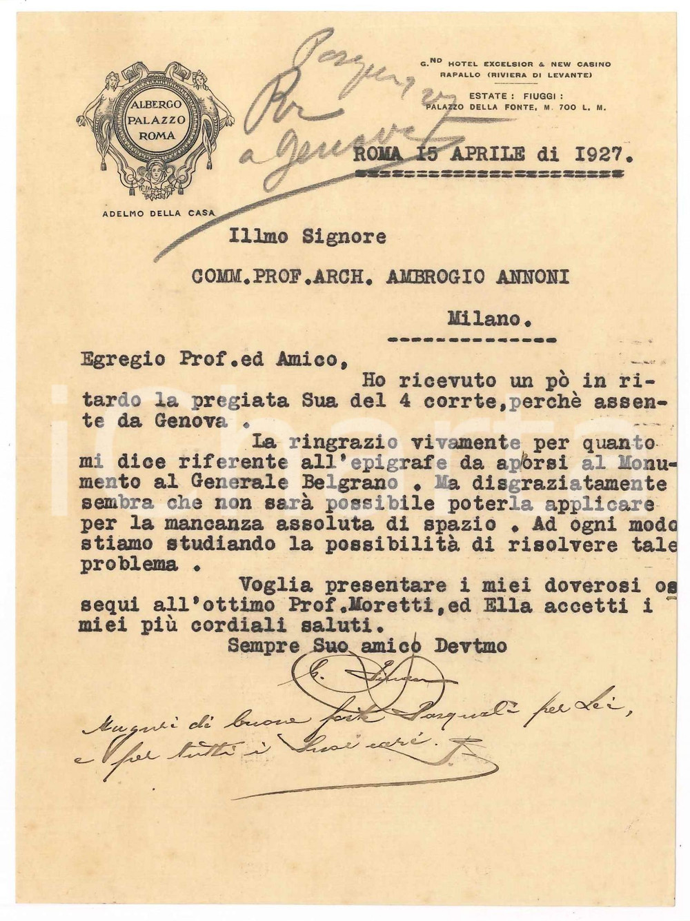 Autografo originale 1927 ROMA Giacomo PINASCO su epigrafe monumento gen. Belgrano  AUTOGRAFO 1