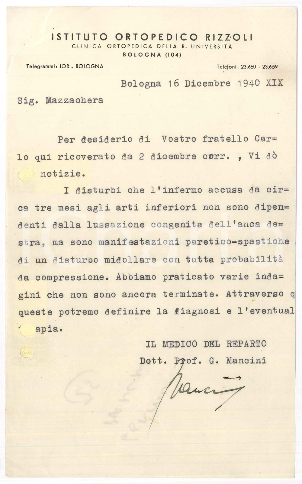 Documento originale, autentico 1940 BOLOGNA Istituto Ortopedico RIZZOLI  Lettera Germano MANCINI Autografo 1