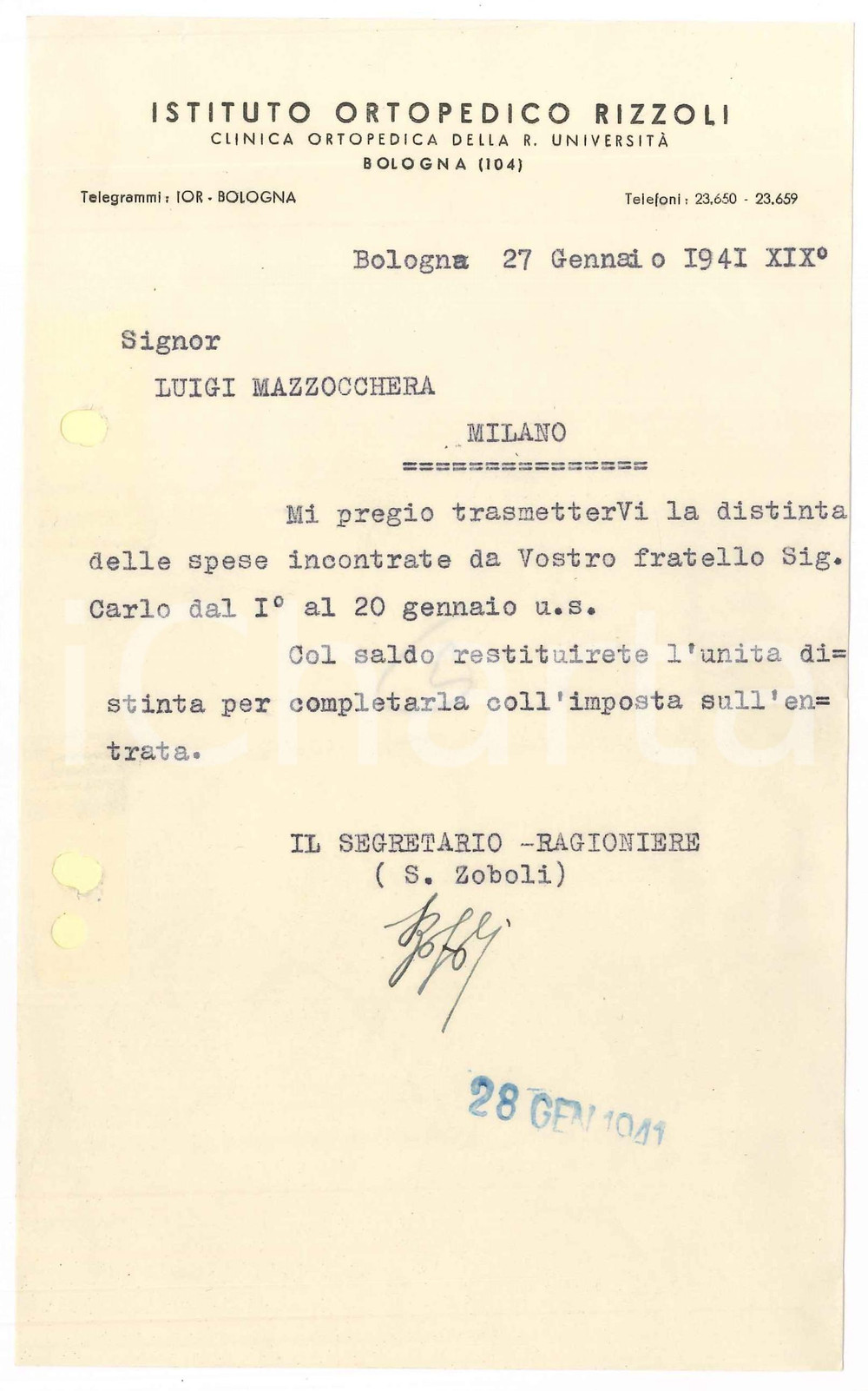 Documento originale, autentico 1941 BOLOGNA Istituto Ortopedico RIZZOLI  Lettera segretario ZOBOLI 1