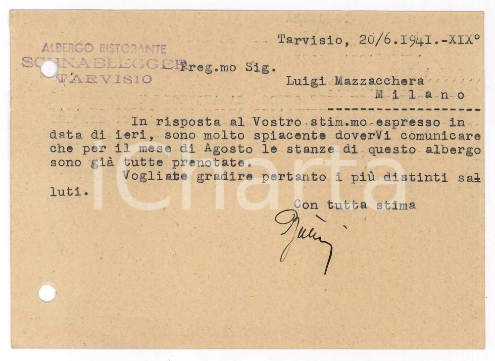 1941 TARVISIO (UD) Albergo Ristorante SCHNABLEGGER - Cartolina postale Cartolina postale d'epoca, viaggiata, con timbro dell'albergo. POOR/danneggiato fori da classificatore Formato: 15x10 cm originale e autentica 1
