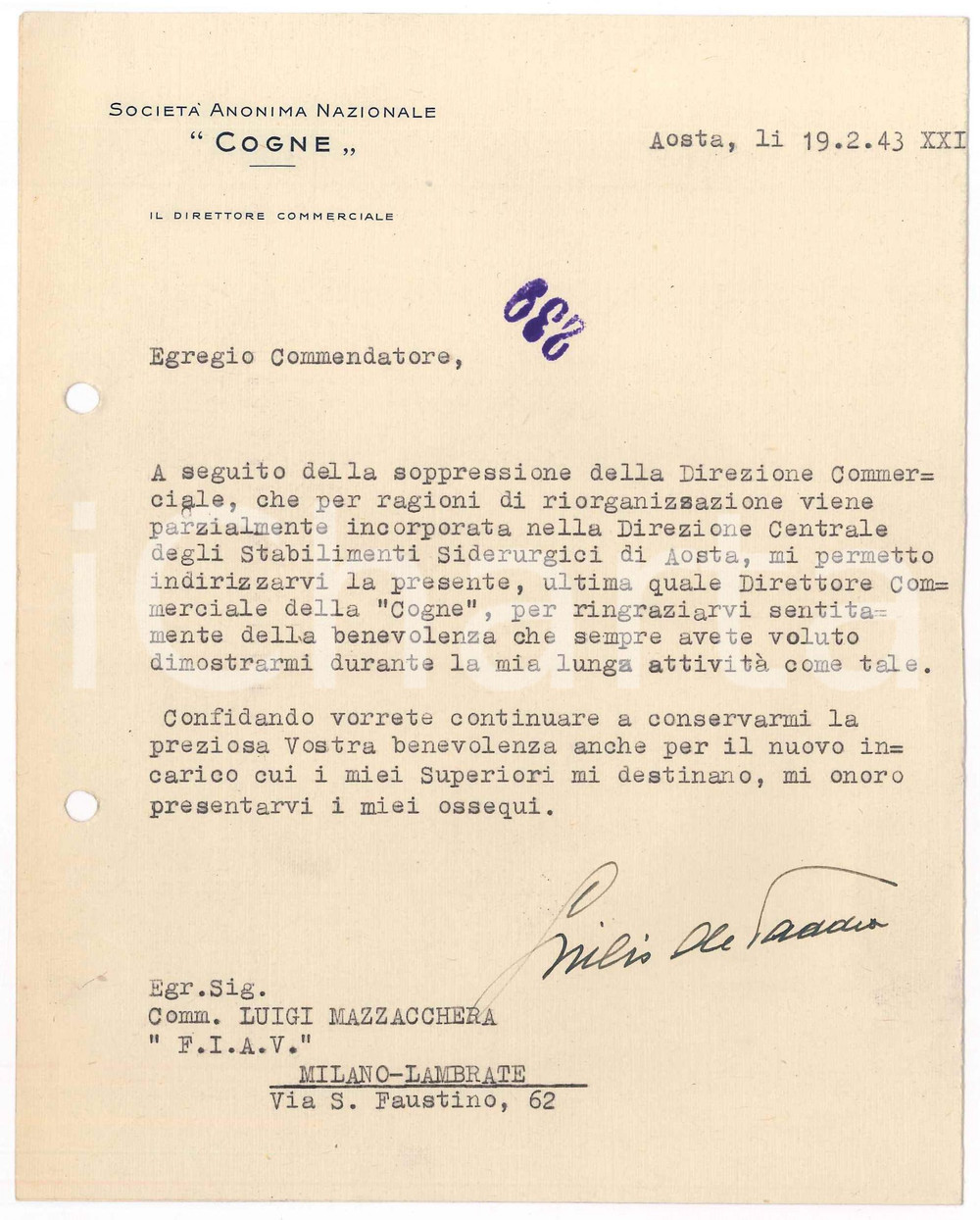 Autografo originale 1943 AOSTA Lettera Giulio DE TADDEO  SocietÃ  Nazionale COGNE Autografo 1