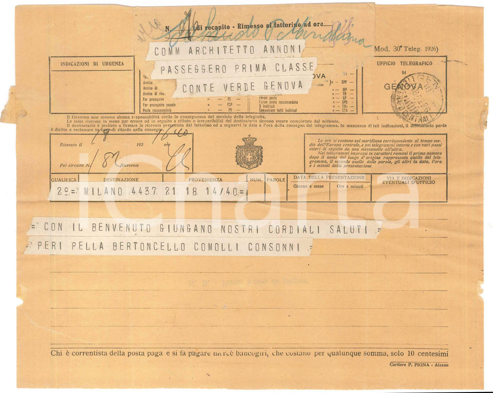 Documento originale, autentico 1926 MILANO Telegramma architetti COMOLLI CONSONNI ad Ambrogio ANNONI 1